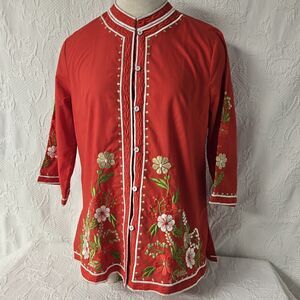 Foyers of Hawaii Vintage Flower Embroidered Red Blouse Women 12 Mandarin Tunic